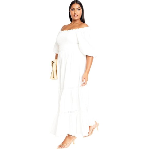 Plus Size Women's Cotton Shirred Dress with Puff Sleeves Elegant Maxi